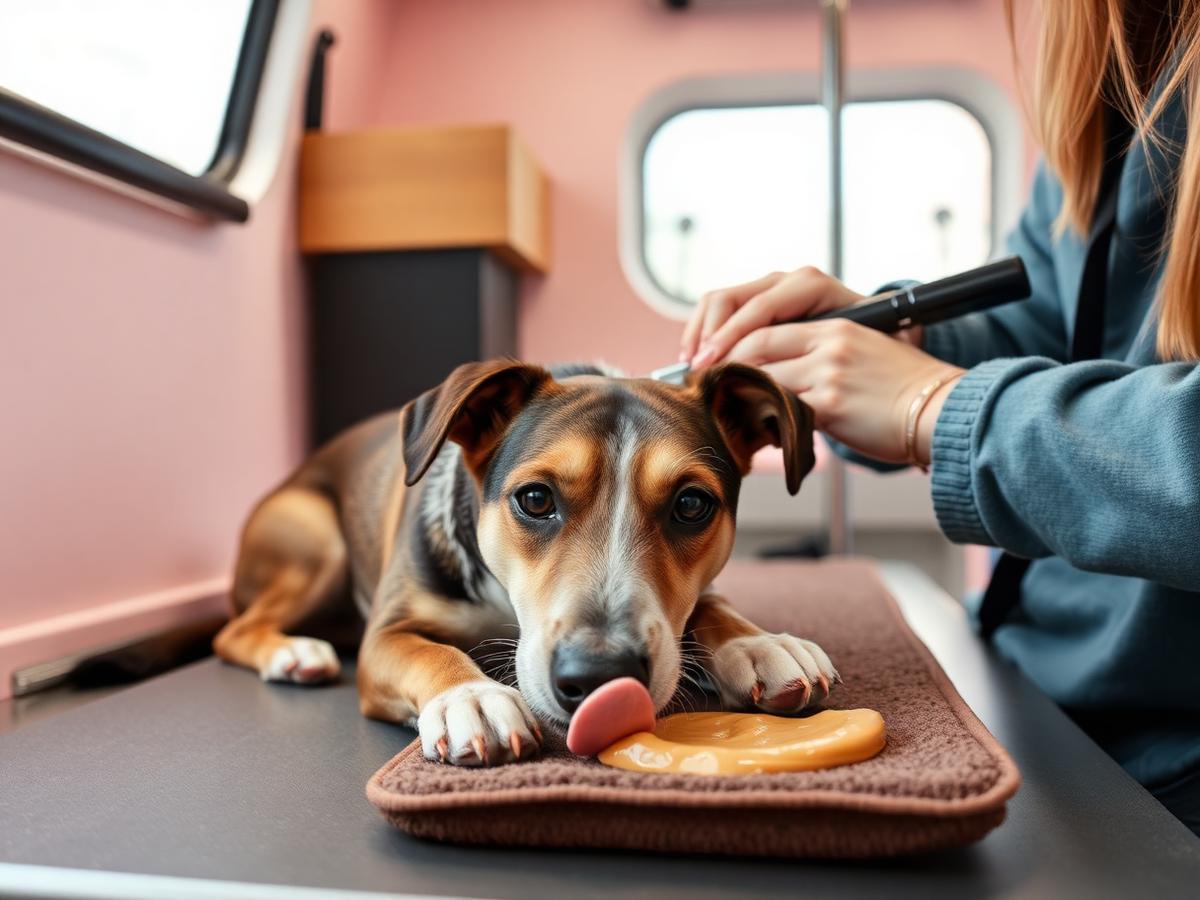 A shy dog licking a peanut butter mat while a groomer brushes slowly inside a mobile grooming van