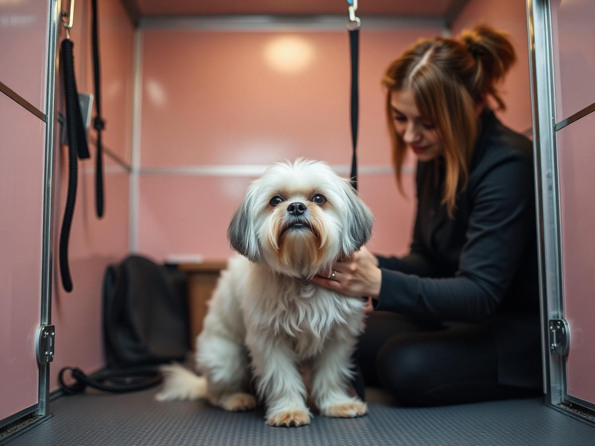 A nervous small fluffy dog being reassured by a kneeling groomer in a quiet pastel mobile grooming trailer