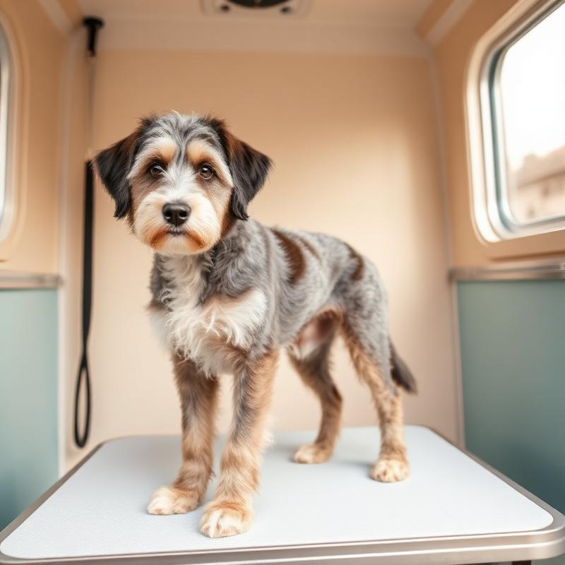 Aussiedoodle being groomed on the table inside the K-Pup mobile grooming trailer