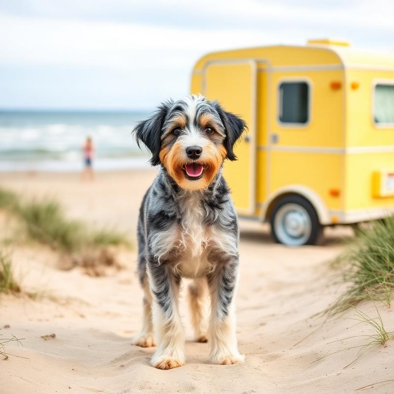 Freshly groomed Aussiedoodle on the southern Maine coast beside the K-Pup mobile grooming trailer