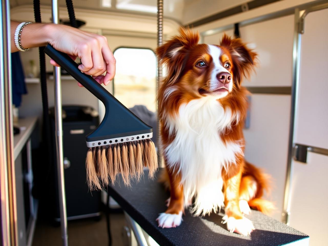 Australian Shepherd being groomed on the table inside the K-Pup mobile grooming trailer