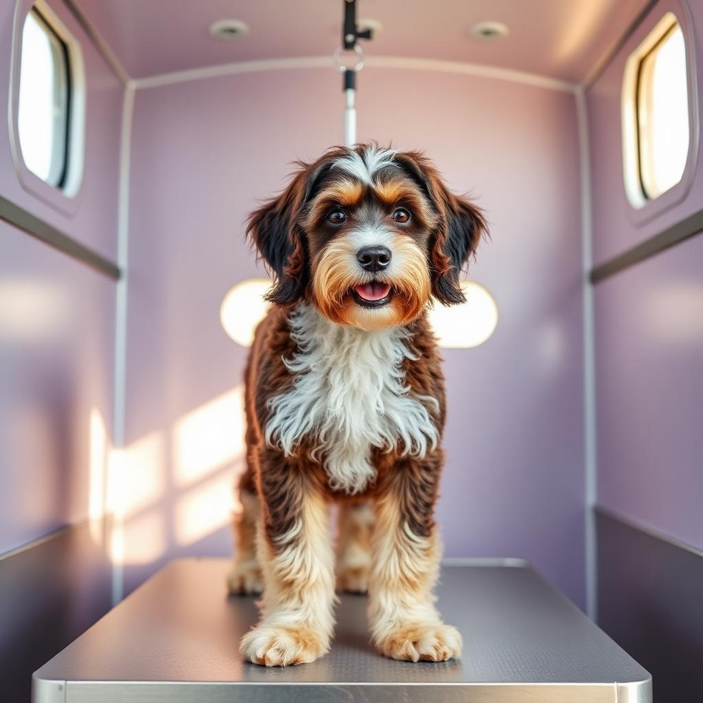 Bernedoodle being groomed on the table inside the K-Pup mobile grooming trailer