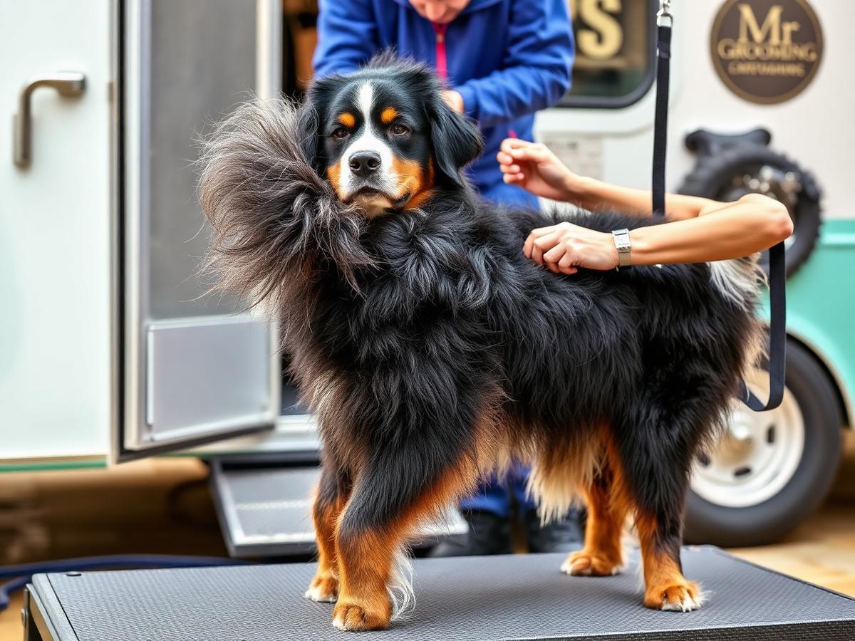 Bernese Mountain Dog being groomed on the table inside the K-Pup mobile grooming trailer