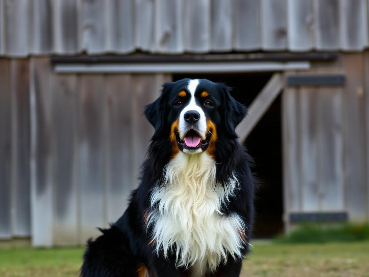 Freshly groomed Bernese Mountain Dog on the southern Maine coast beside the K-Pup mobile grooming trailer