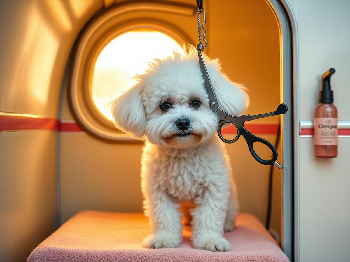 Bichon Frise being groomed on the table inside the K-Pup mobile grooming trailer