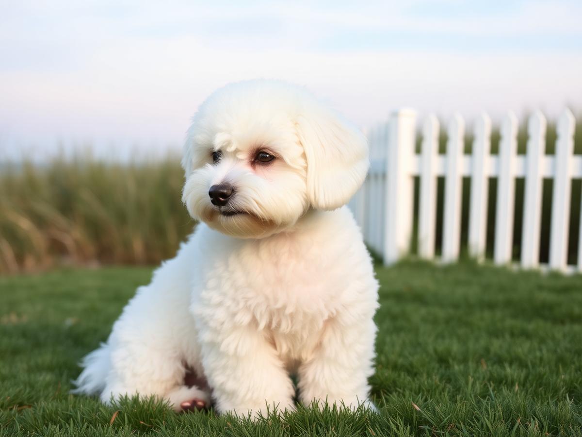 Freshly groomed Bichon Frise on the southern Maine coast beside the K-Pup mobile grooming trailer