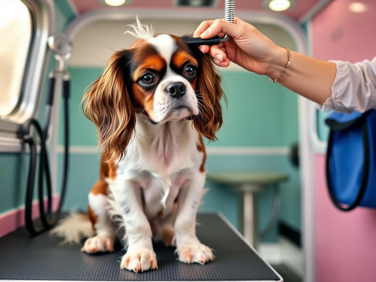 Cavalier King Charles Spaniel being groomed on the table inside the K-Pup mobile grooming trailer