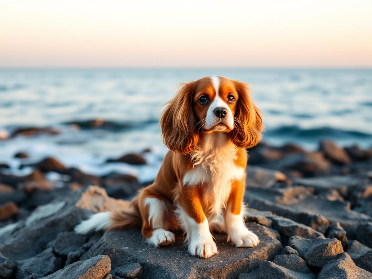 Freshly groomed Cavalier King Charles Spaniel on the southern Maine coast beside the K-Pup mobile grooming trailer