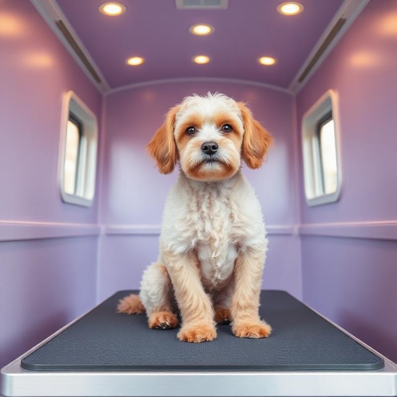 Cavapoo being groomed on the table inside the K-Pup mobile grooming trailer