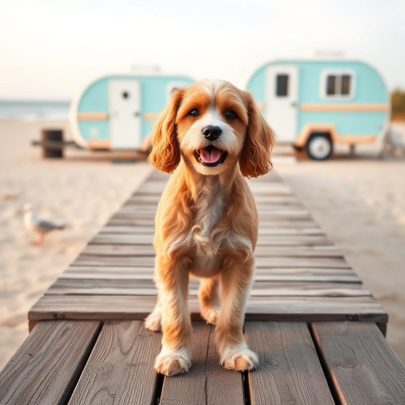 Freshly groomed Cavapoo on the southern Maine coast beside the K-Pup mobile grooming trailer