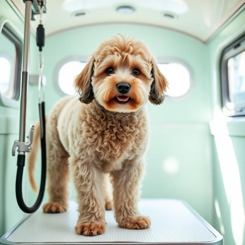 Cockapoo being groomed on the table inside the K-Pup mobile grooming trailer