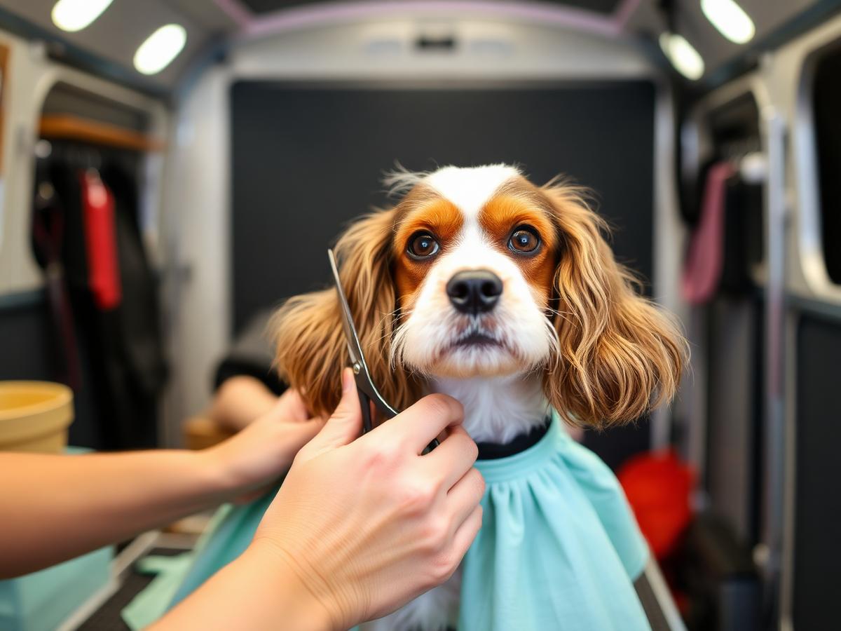 Cocker Spaniel being groomed on the table inside the K-Pup mobile grooming trailer