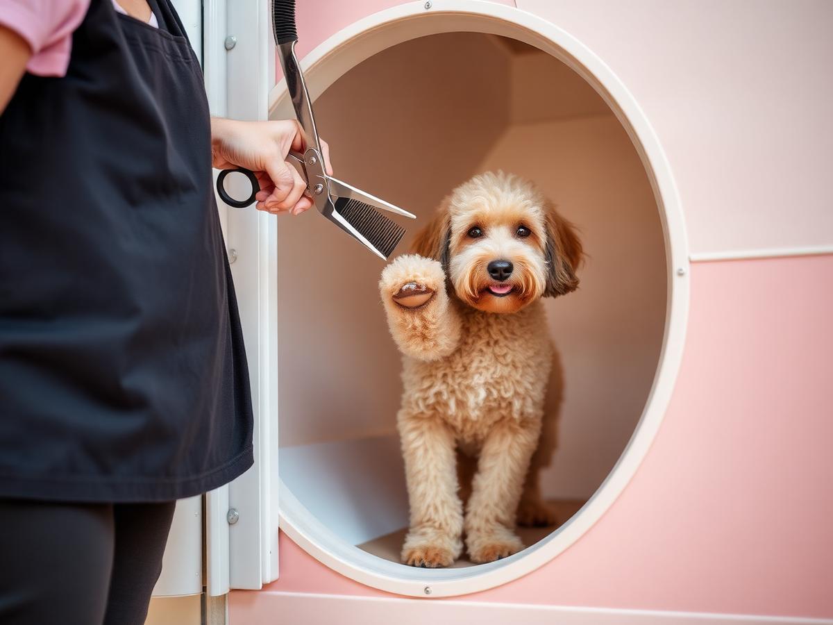 A groomer scissor-finishing the face of a doodle after a full haircut in a mobile grooming trailer
