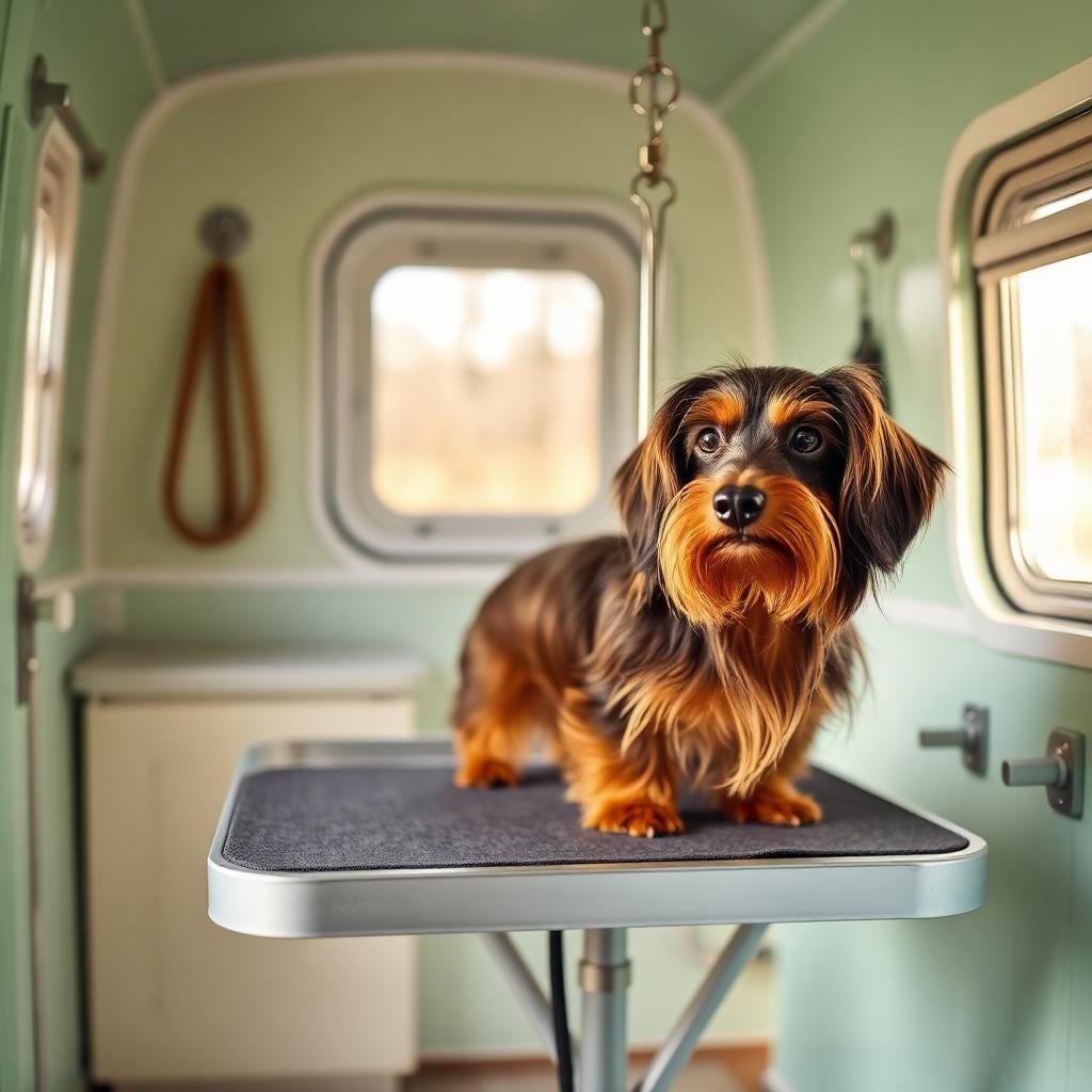 Long-haired dachshund standing on a low grooming table inside the K-Pup mobile trailer