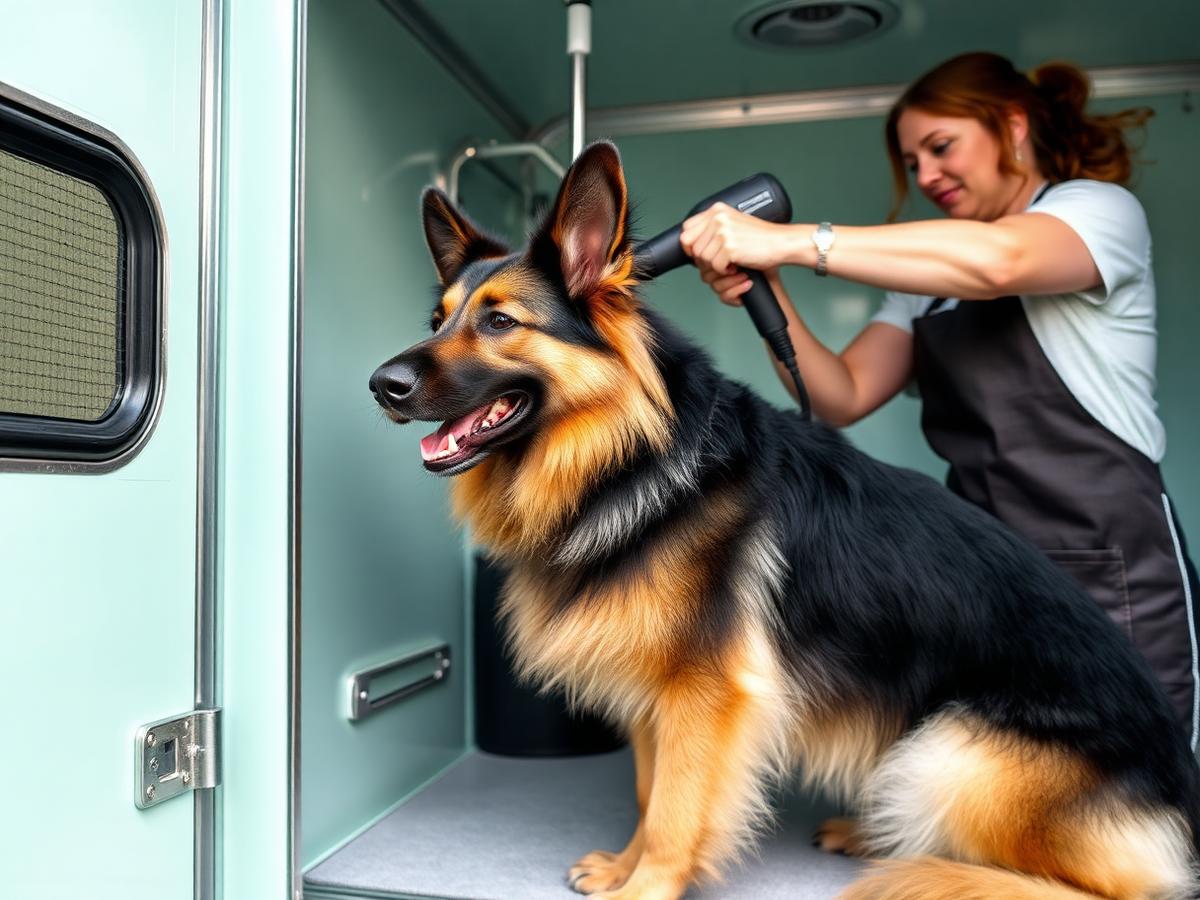 A high-velocity dryer blowing out the undercoat of a german shepherd in a mobile grooming trailer