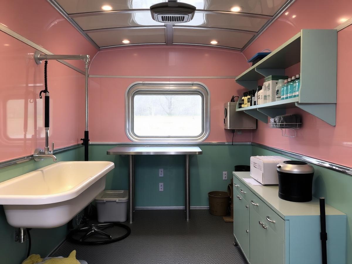 The tidy interior of a pastel mobile dog grooming trailer showing tub, table and shelves of shampoo