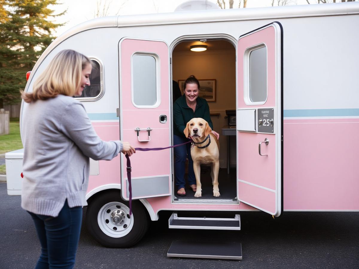 A dog owner handing a leash to a smiling groomer at the door of a pastel mobile grooming trailer in a driveway