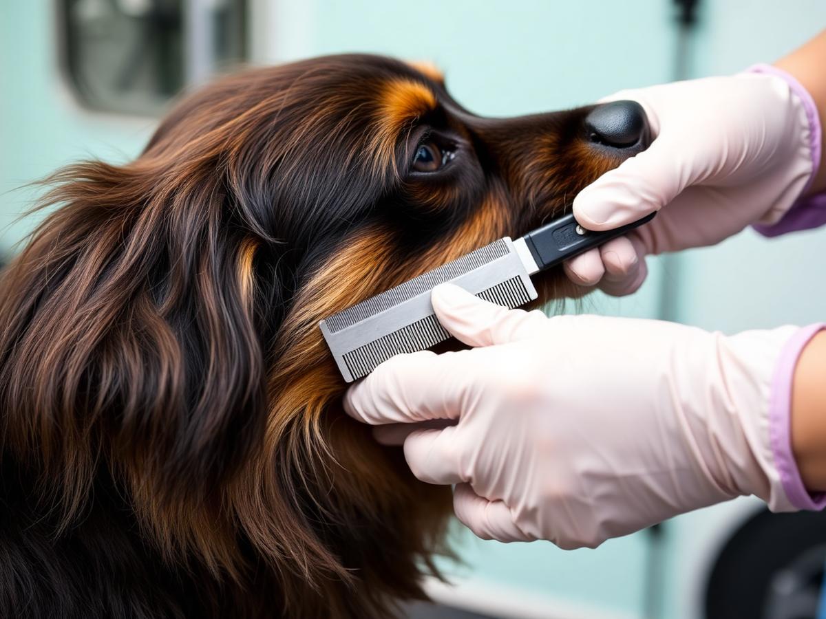 A groomer parting a dog's fur with a fine flea comb to inspect the skin