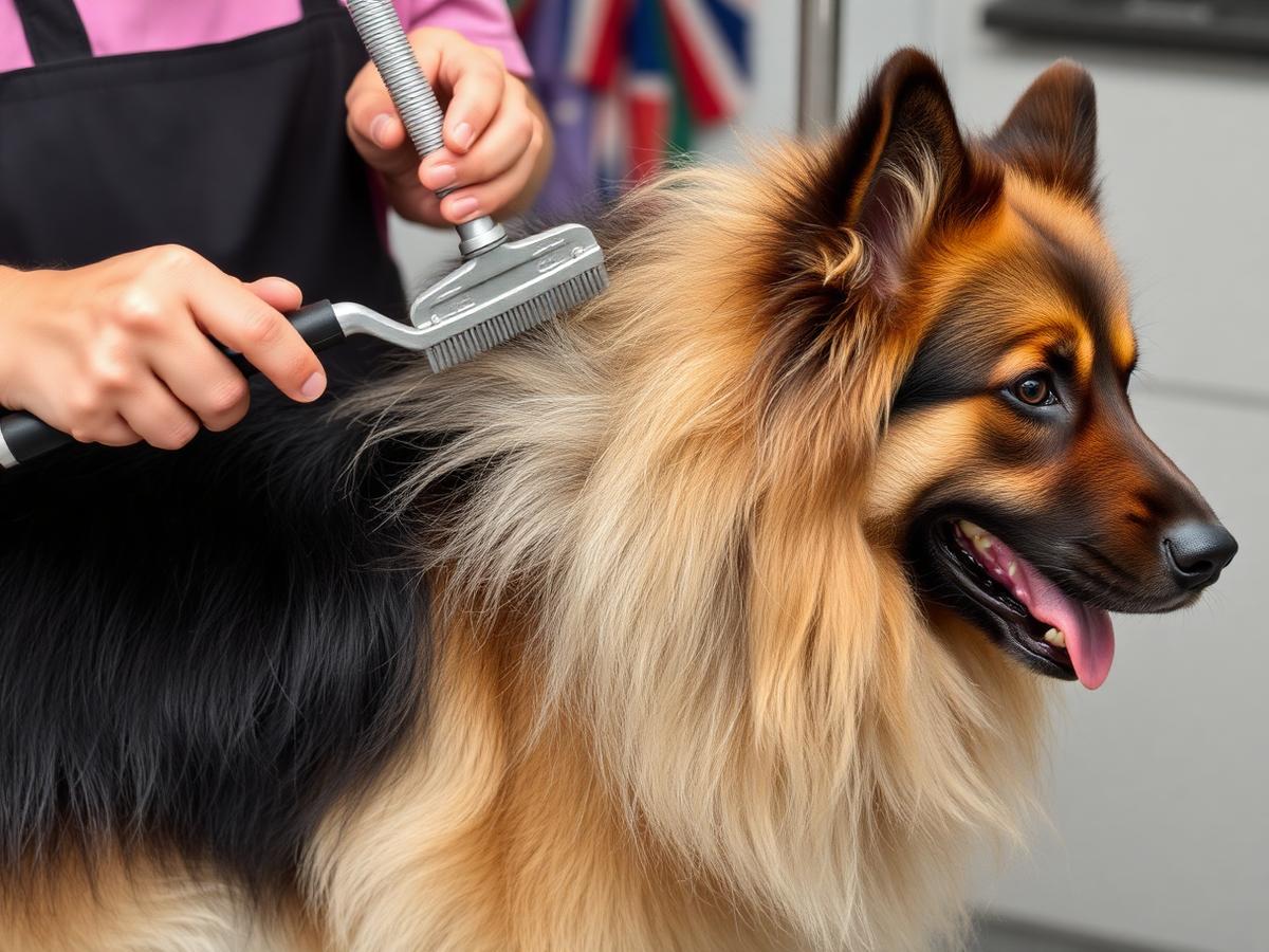 German Shepherd being groomed on the table inside the K-Pup mobile grooming trailer