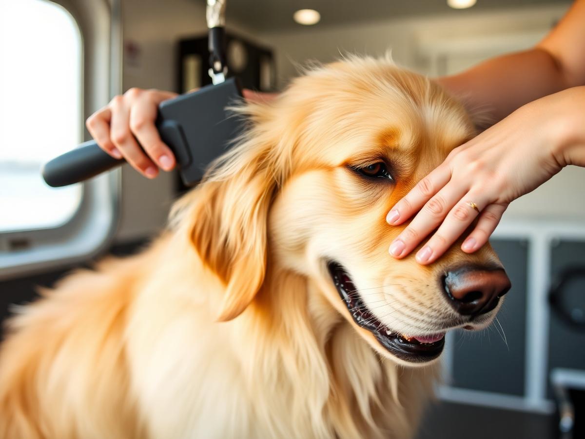 Golden Retriever being groomed on the table inside the K-Pup mobile grooming trailer