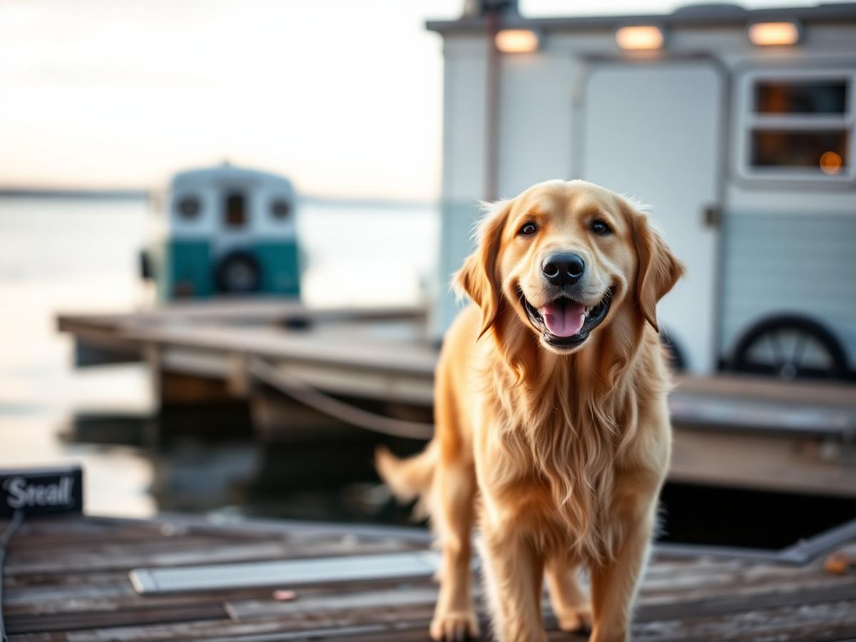 Freshly groomed Golden Retriever on the southern Maine coast beside the K-Pup mobile grooming trailer