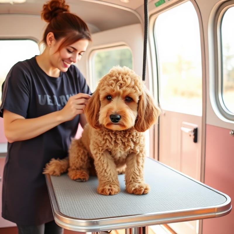 Goldendoodle being groomed on the table inside the K-Pup mobile grooming trailer