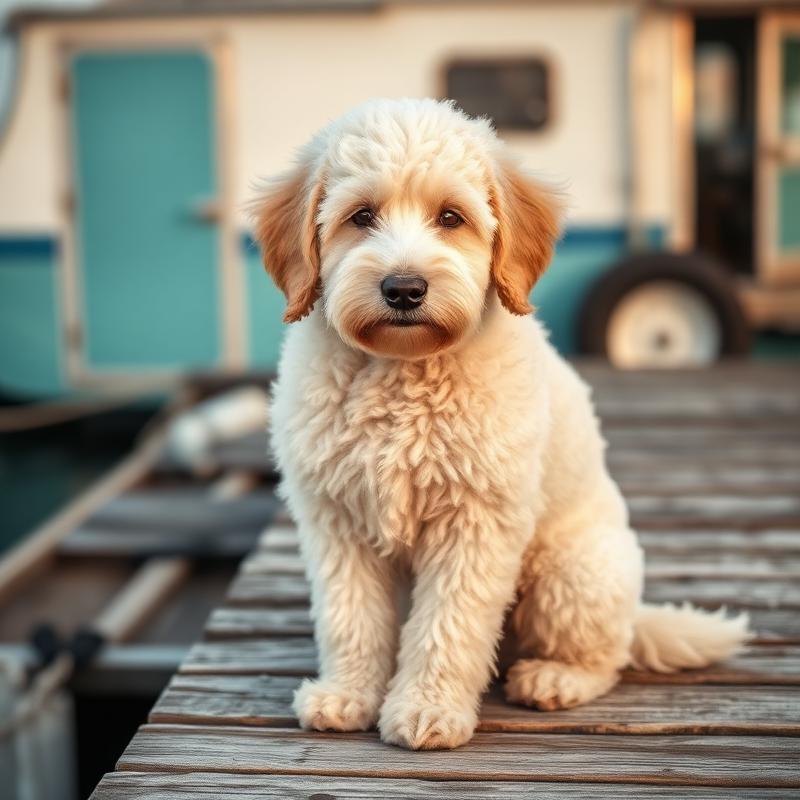 Freshly groomed Goldendoodle on the southern Maine coast beside the K-Pup mobile grooming trailer