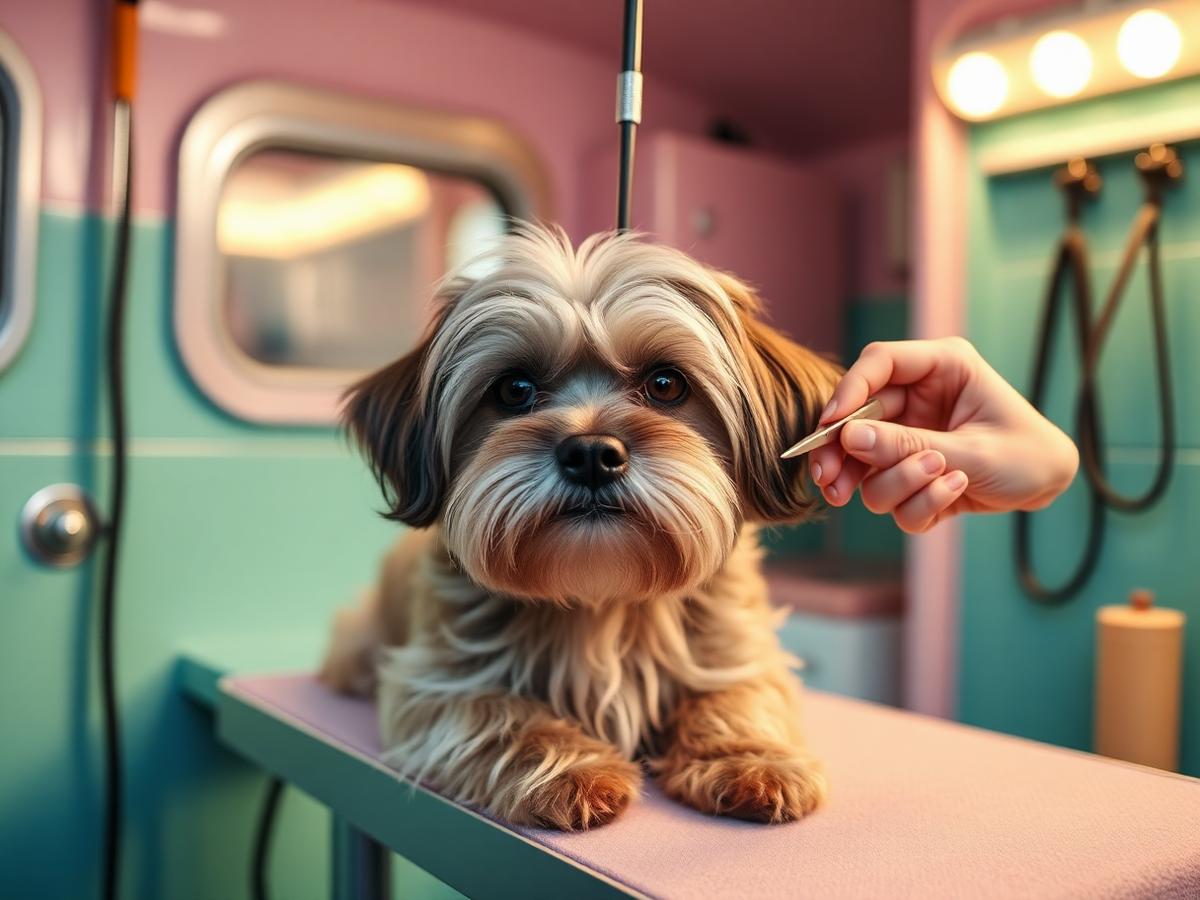 Havanese being groomed on the table inside the K-Pup mobile grooming trailer