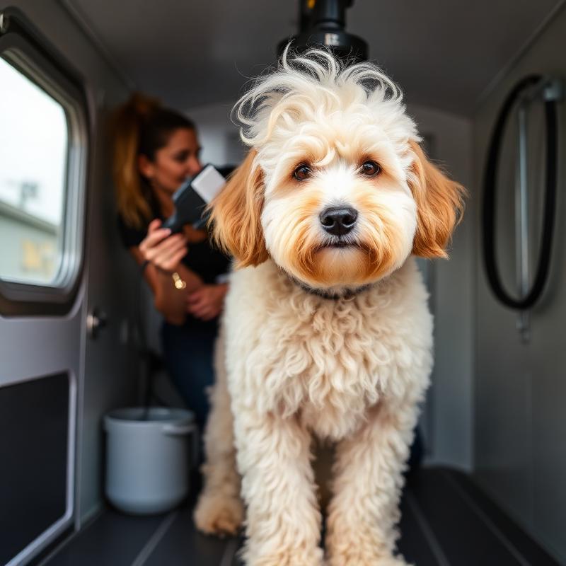 Labradoodle being groomed on the table inside the K-Pup mobile grooming trailer