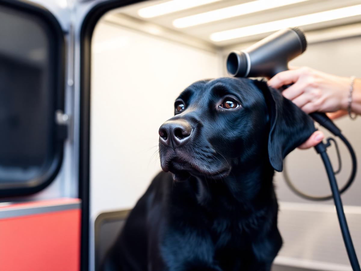 Labrador Retriever being groomed on the table inside the K-Pup mobile grooming trailer