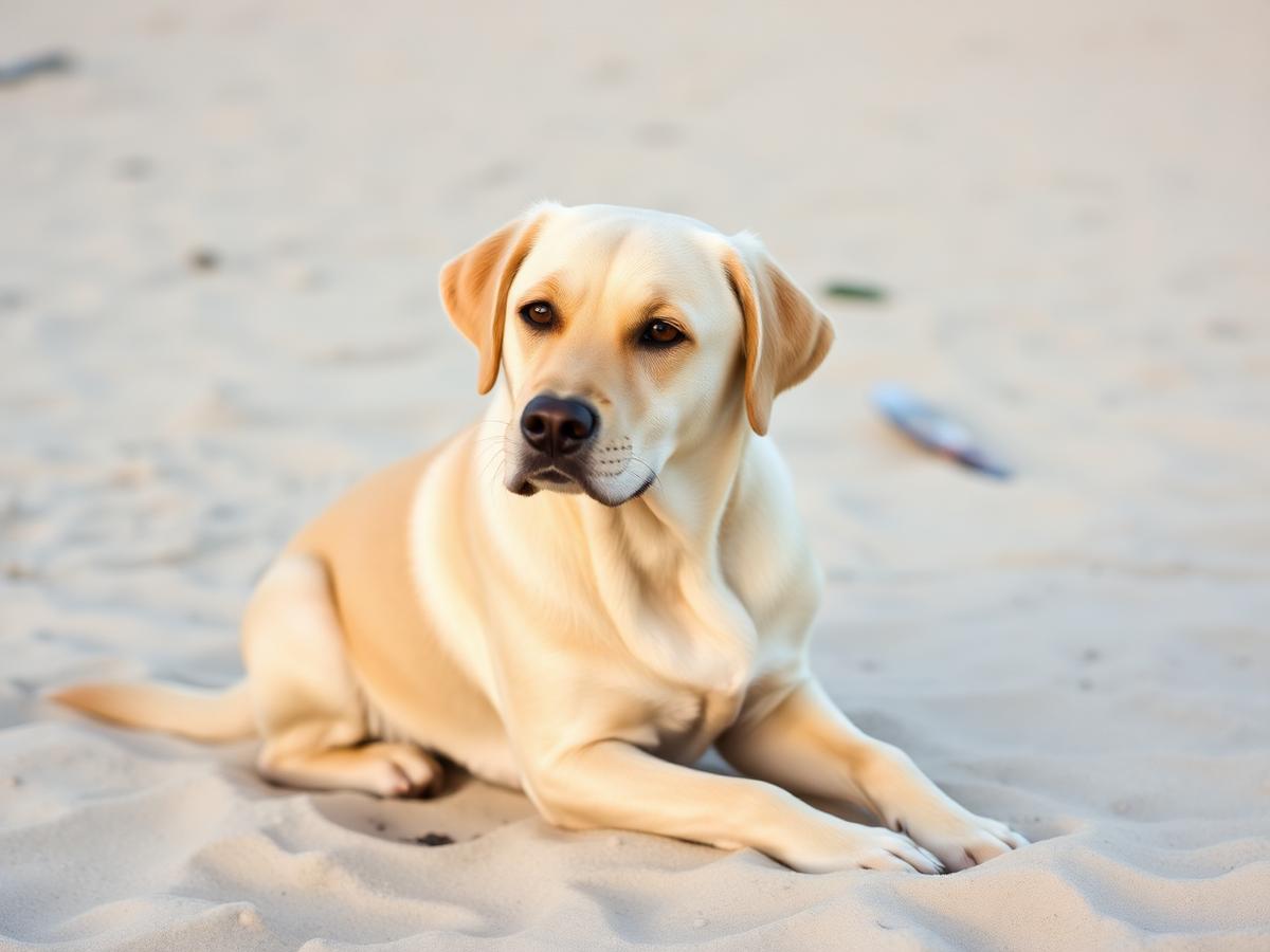 Freshly groomed Labrador Retriever on the southern Maine coast beside the K-Pup mobile grooming trailer