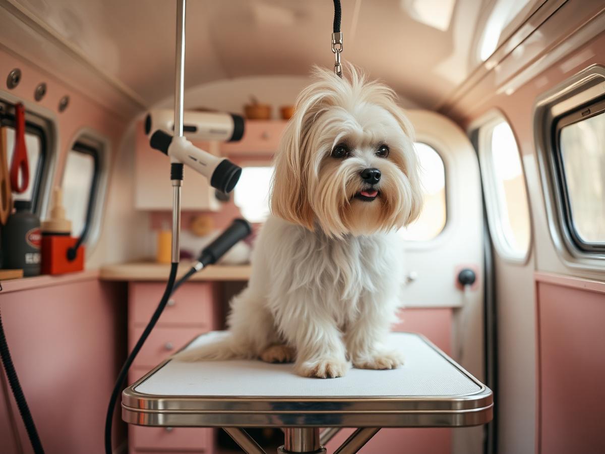 Maltese being groomed on the table inside the K-Pup mobile grooming trailer