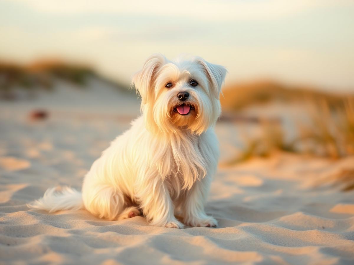 Freshly groomed Maltese on the southern Maine coast beside the K-Pup mobile grooming trailer
