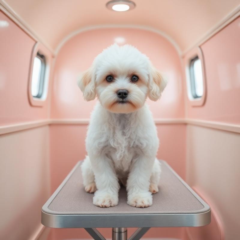 Maltipoo being groomed on the table inside the K-Pup mobile grooming trailer