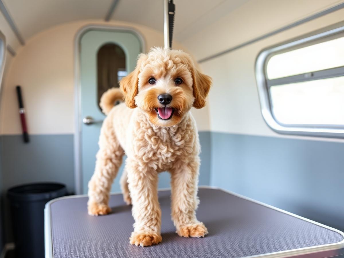 A freshly shaved-down happy doodle in a short even puppy cut standing in a pastel grooming trailer