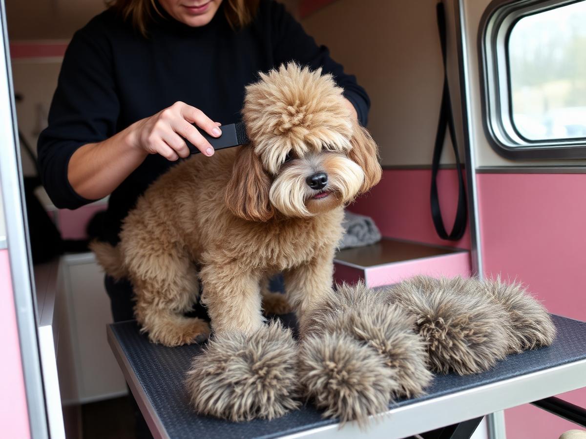 A groomer carefully working a dematting comb through a matted doodle coat inside a mobile grooming trailer