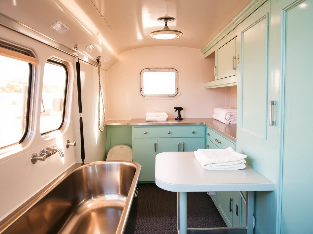 The clean pastel interior of K-Pup's mobile grooming trailer with bathing tub and grooming table