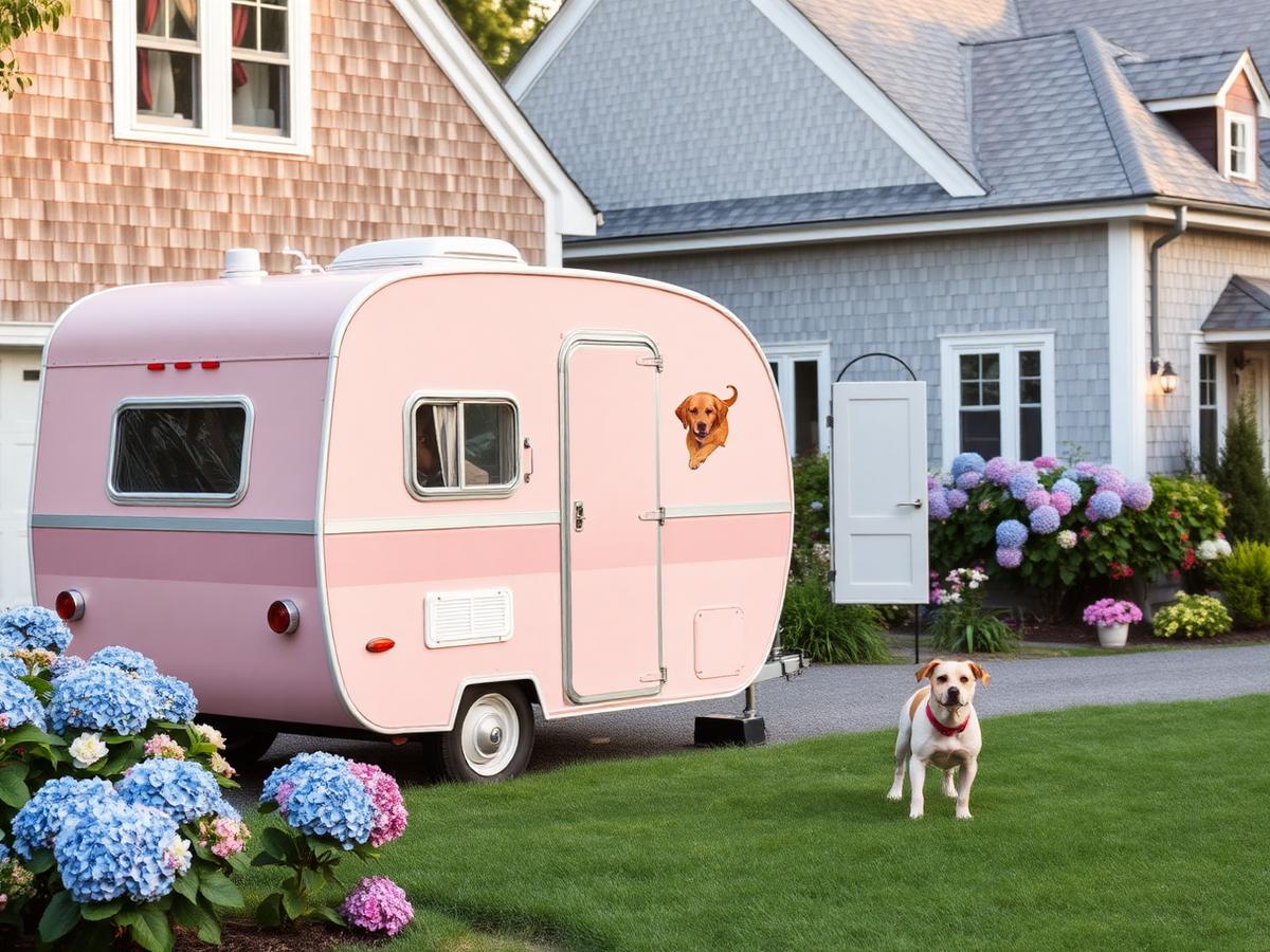 K-Pup's pastel vintage mobile grooming trailer parked in a coastal Maine driveway