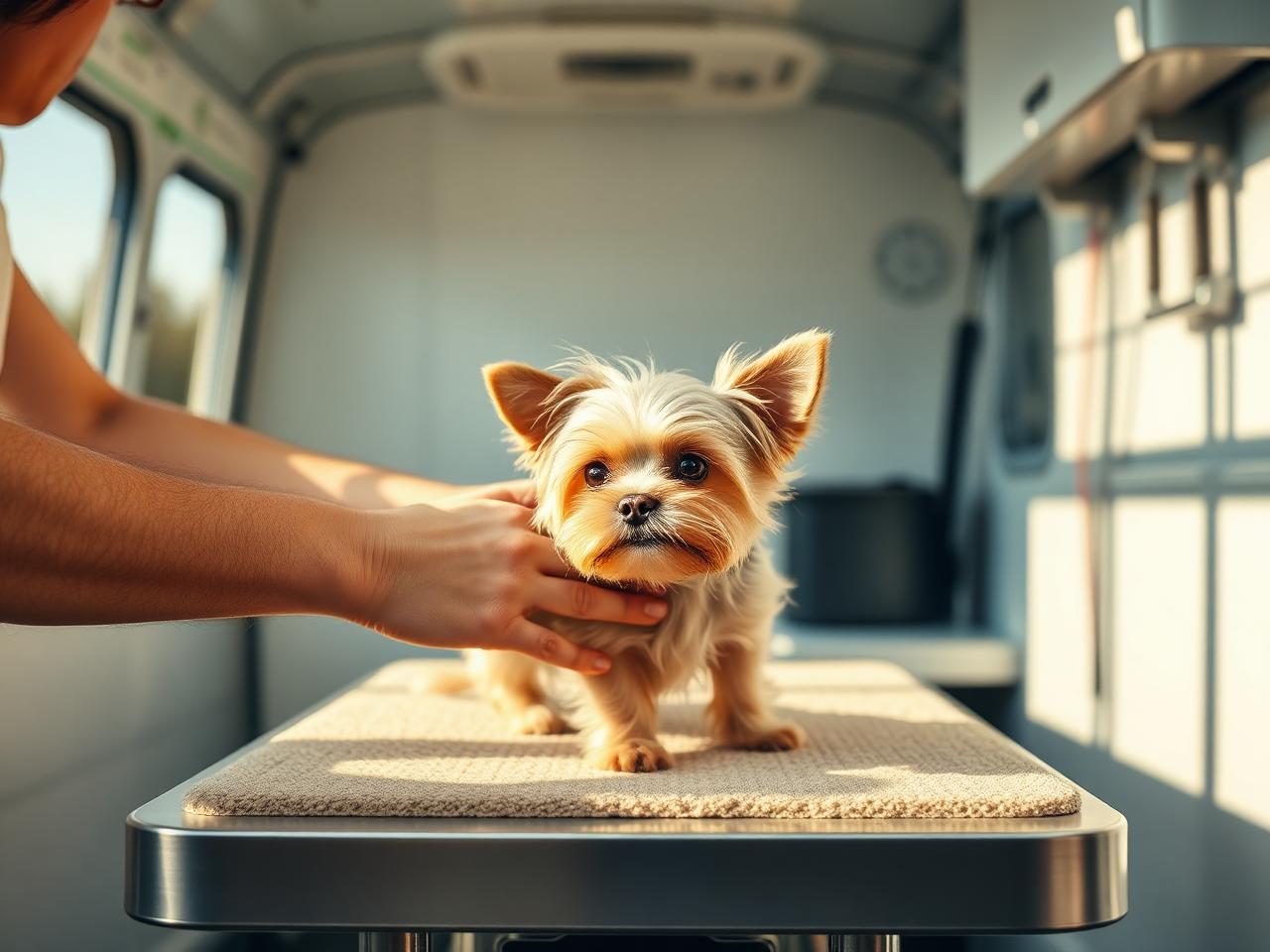 Morkie being groomed on the table inside the K-Pup mobile grooming trailer