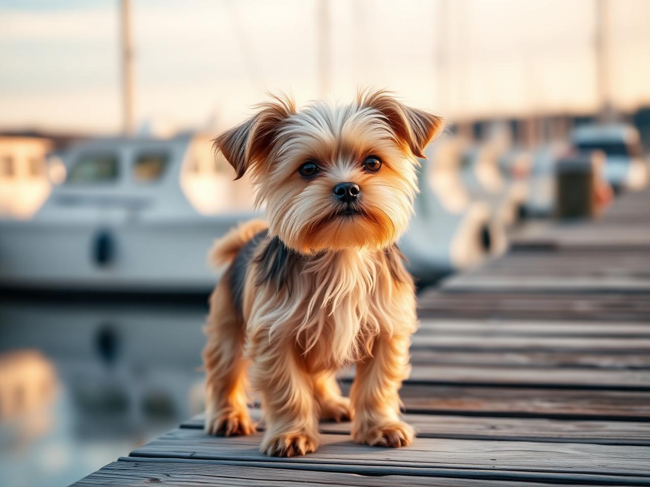 Freshly groomed Morkie on the southern Maine coast beside the K-Pup mobile grooming trailer