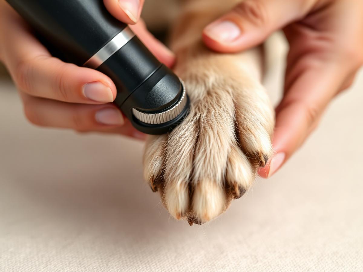 Close-up of a dog's paw being smoothed with a quiet rotary nail grinder