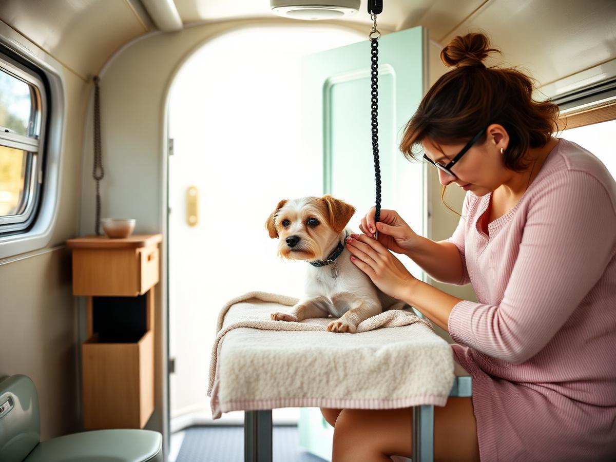 A groomer gently trimming a small dog's nails inside K-Pup's pastel mobile grooming trailer
