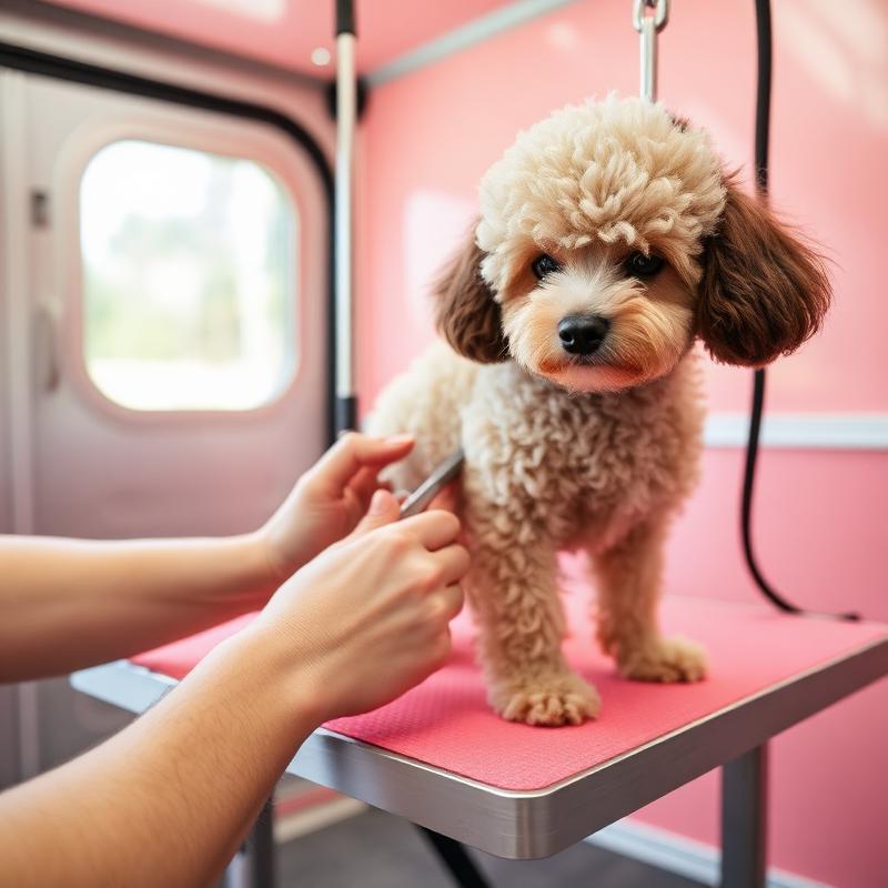 Poodle being groomed on the table inside the K-Pup mobile grooming trailer