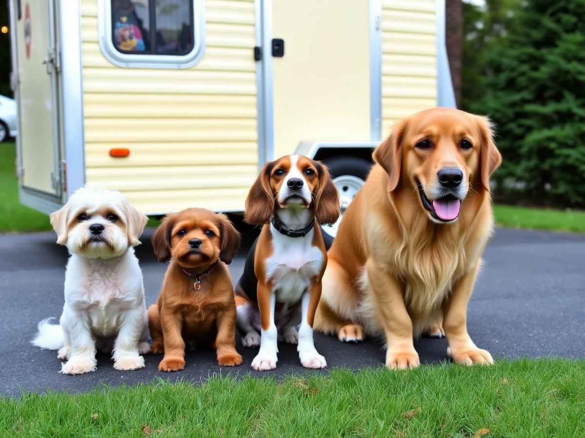 A small, a medium and a large dog sitting in a row beside a mobile grooming trailer in a Maine driveway