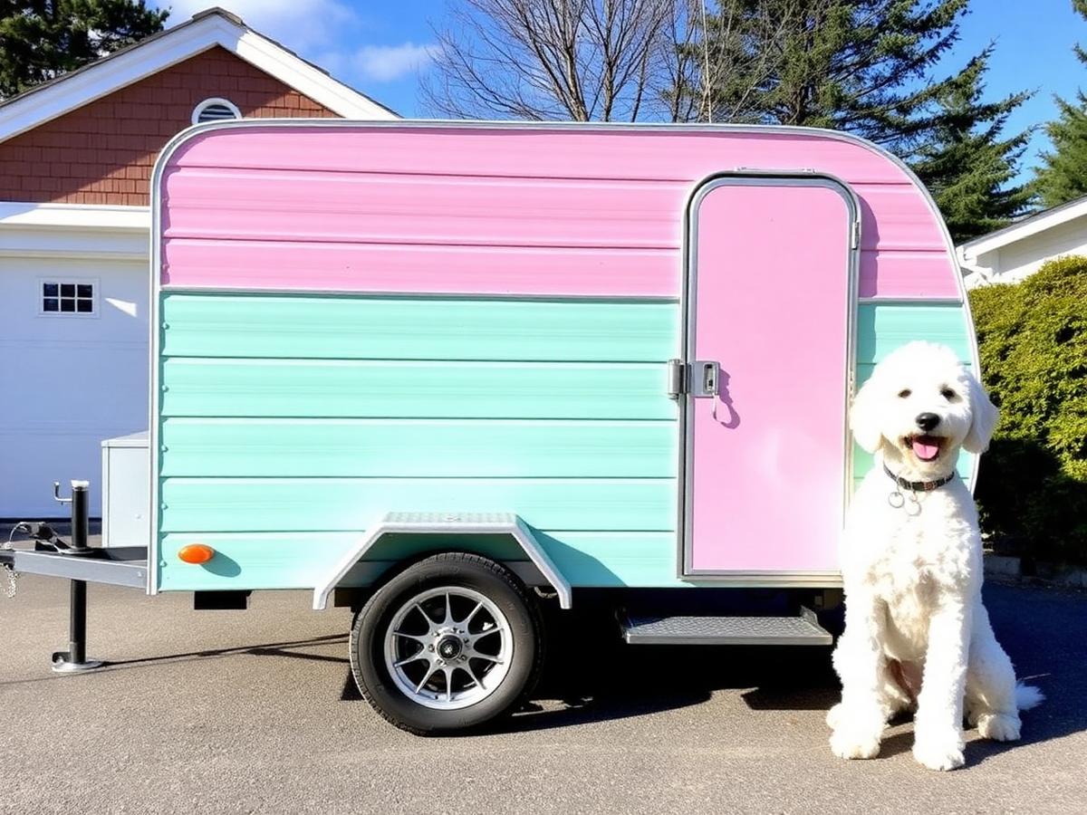 A pastel mobile dog grooming trailer parked in a coastal Maine driveway with a happy clean dog beside it