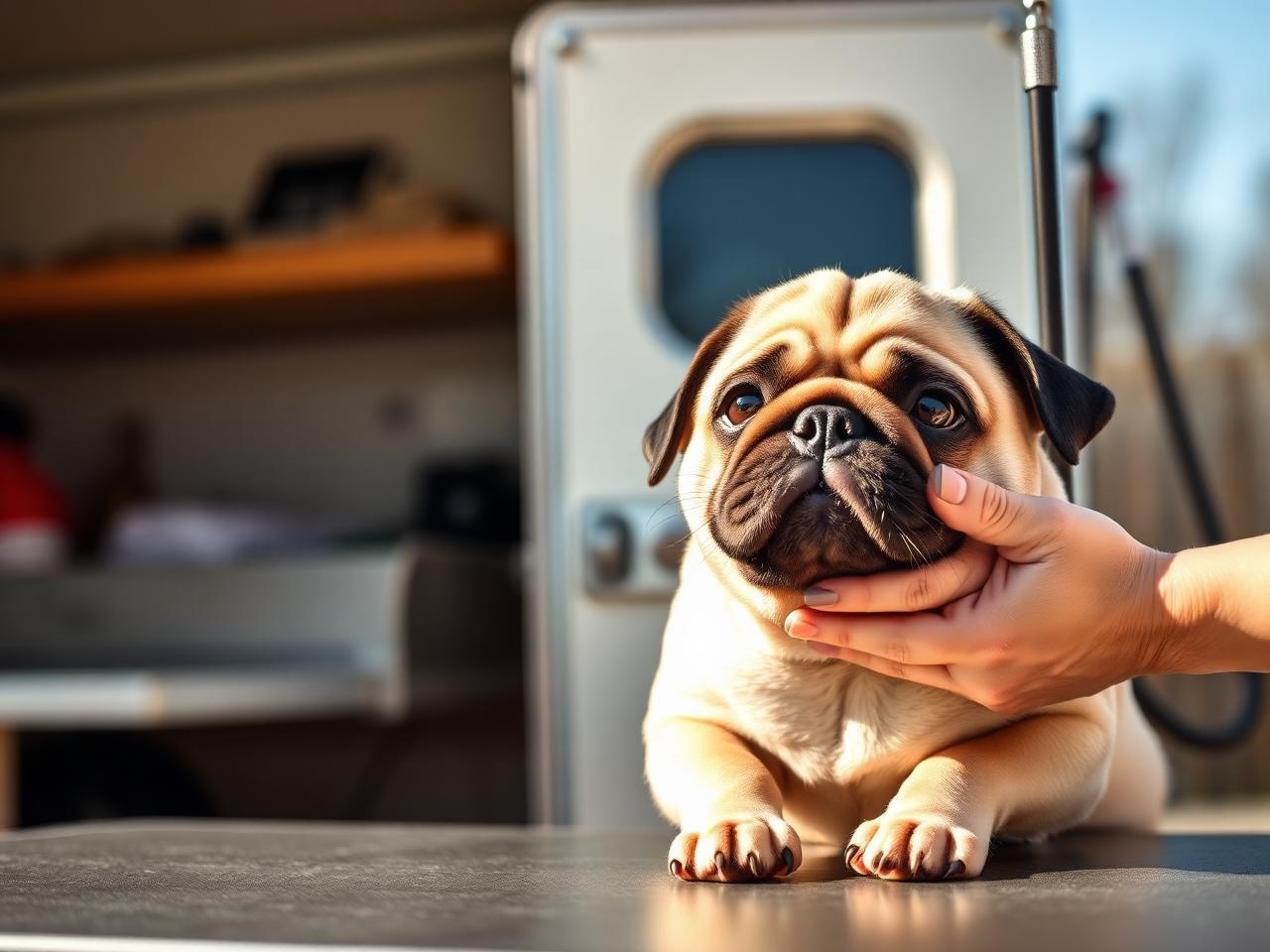 Puggle being groomed on the table inside the K-Pup mobile grooming trailer