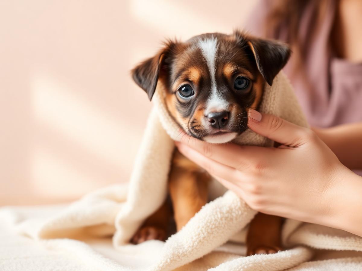 A young puppy wrapped in a cream towel being gently dried by a groomer