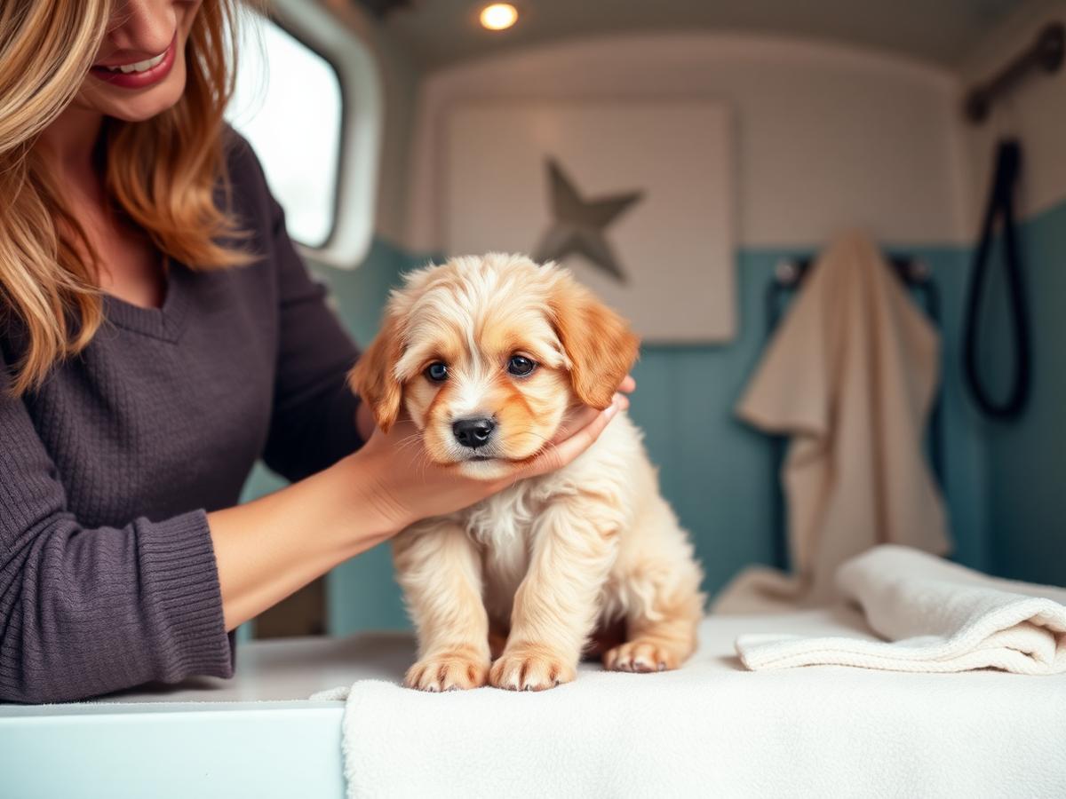 A fluffy puppy having a gentle first groom in K-Pup's pastel mobile grooming trailer