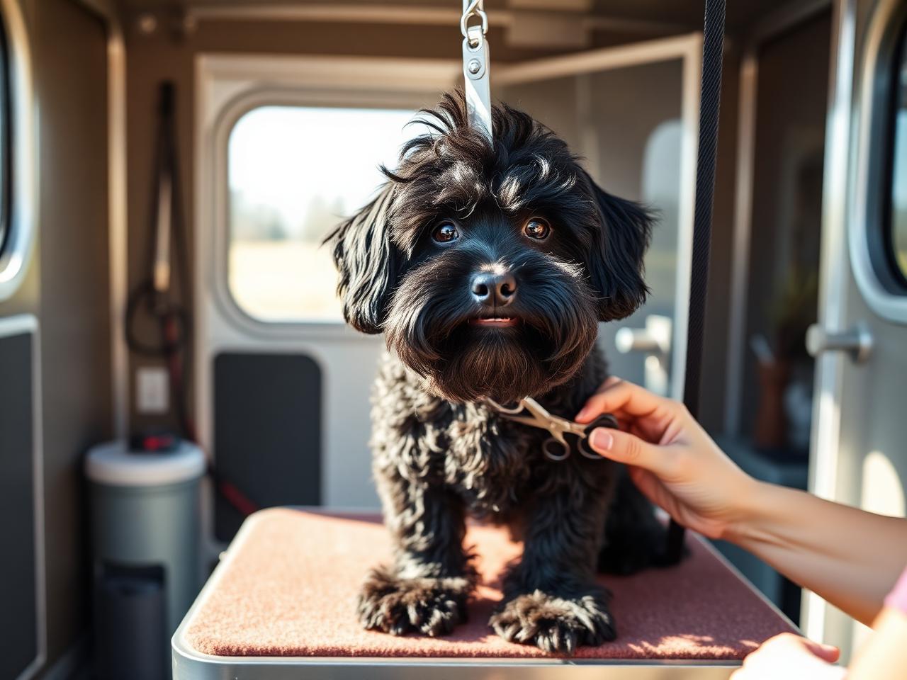 Schnoodle being groomed on the table inside the K-Pup mobile grooming trailer