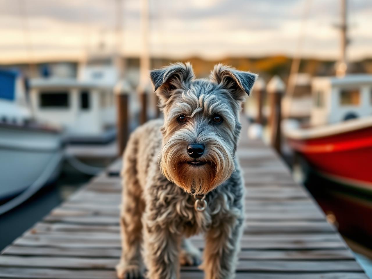 Freshly groomed Schnoodle on the southern Maine coast beside the K-Pup mobile grooming trailer